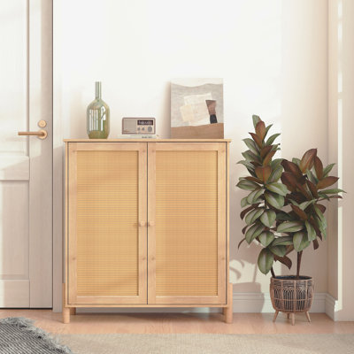 Storage Cabinet, Mid-Century Modern, Rattan, Adjustable Shelves, With Woven Doors And