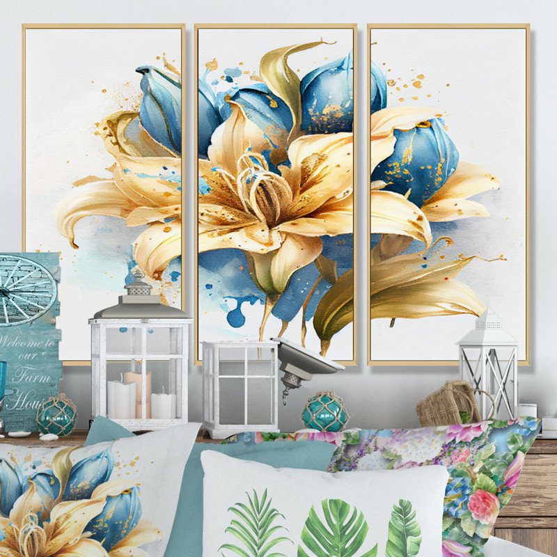 «Gold and Blue Lily Bouquet I», reproduction sur toile 3 pièces, H 28 po x l 36 po x P 1 po, Encadré naturel