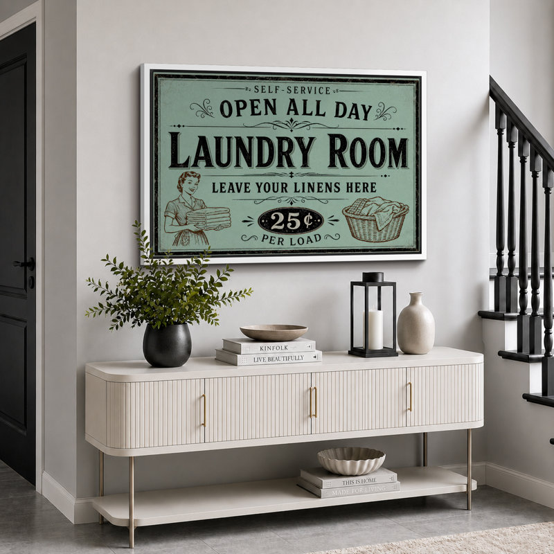 «Open All Day Vintage Self Service Laundry», impression sur toile, impression sur toile encadrée, Cadre blanc