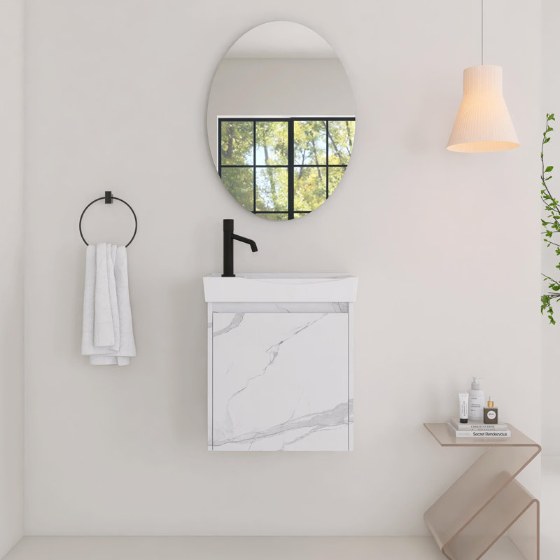 Meuble-lavabo mural 20 po avec lavabo en céramique, porte d'armoire à fermeture en douceur, Blanc de Carrare