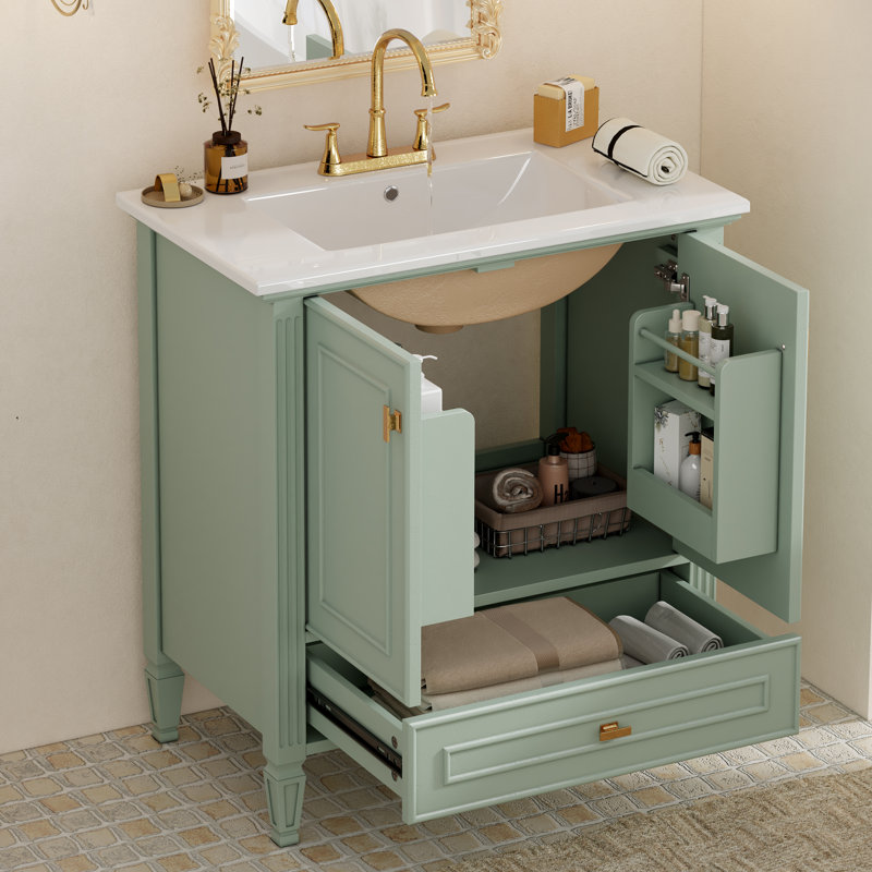 Meuble-lavabo de 30 po avec lavabo, tiroir et structure en bois massif Eliana, Green