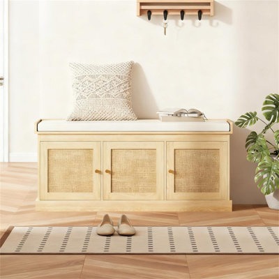 Banc de rangement pour chaussures avec portes en rotin tissé