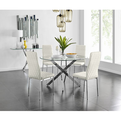 Bernell Modern Chrome Metal & Glass Round Dining Table Set with 4 Quilted Velvet Chairs