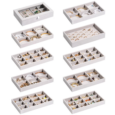 Boîte à bijoux avec plateau de rangement pour bijoux, porte-boucle d'oreille en velours empilable