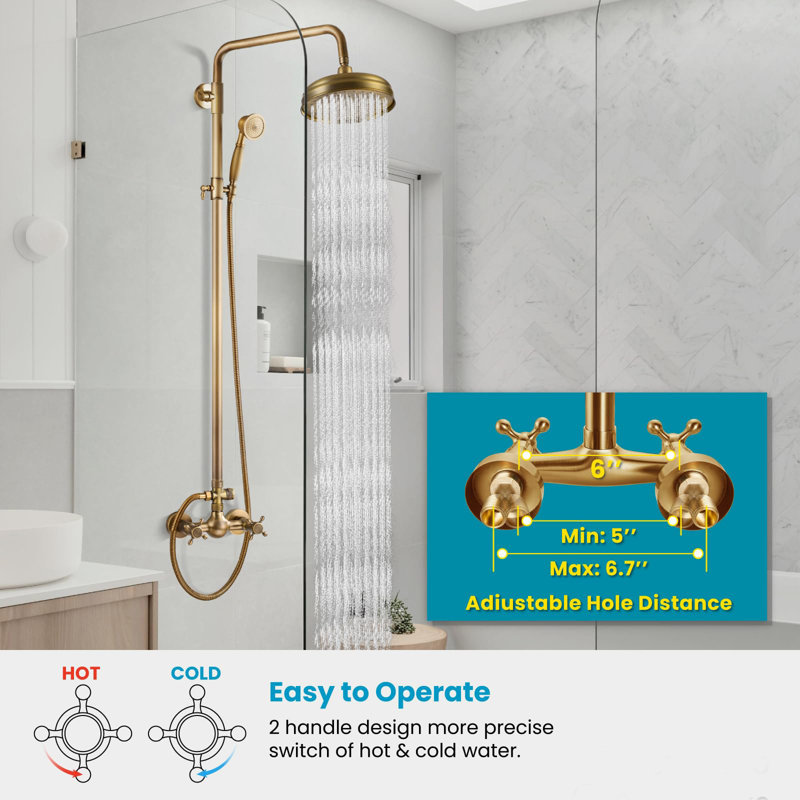 8-Inch Wall-Mounted Rainfall Shower Fixture Set with Handheld Spray, Brass Mixer, and Cross Handles – 2-Function Bathroom Shower System
