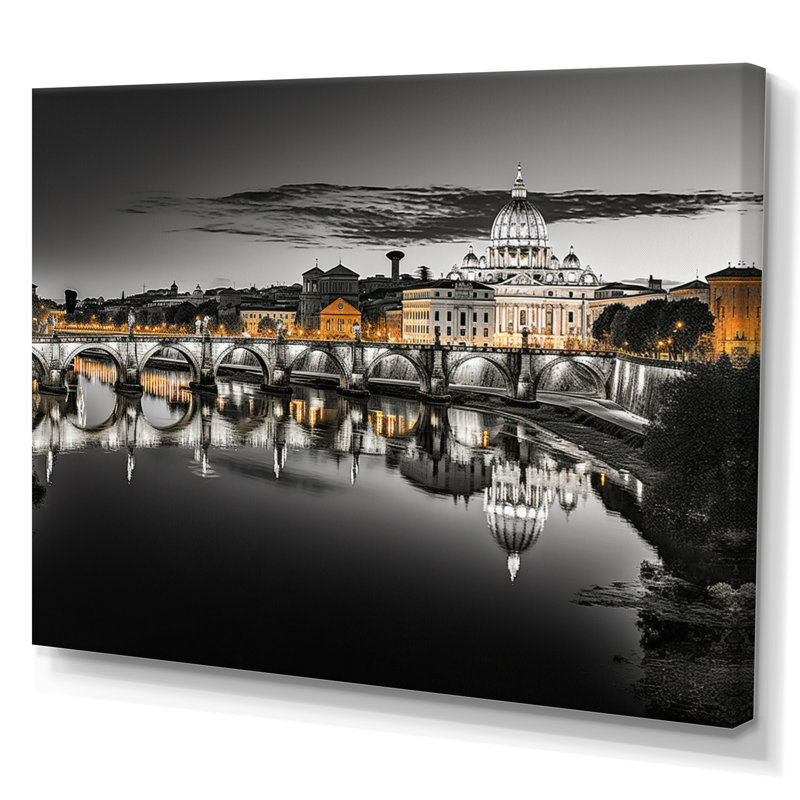 Paysage urbain de Rome noir et blanc sur toile, H 24 po x l 32 po x P 1 po, Toile tendue