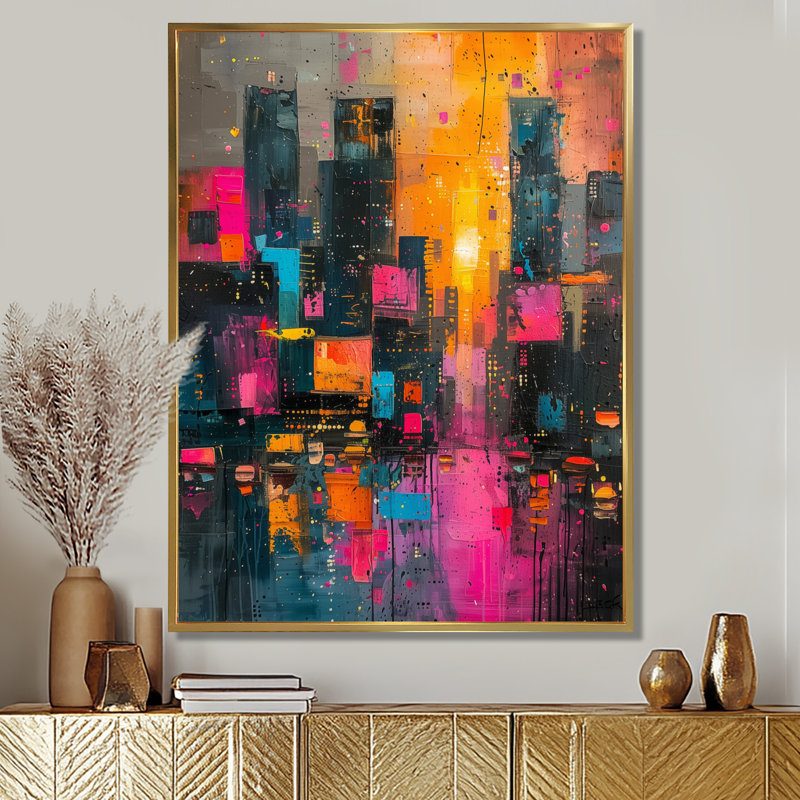 Édifices muraux de luxe urbain rose et noir - Bâtiments de ville, art mural, Cadre flottant doré, H 34 po x l 44 po
