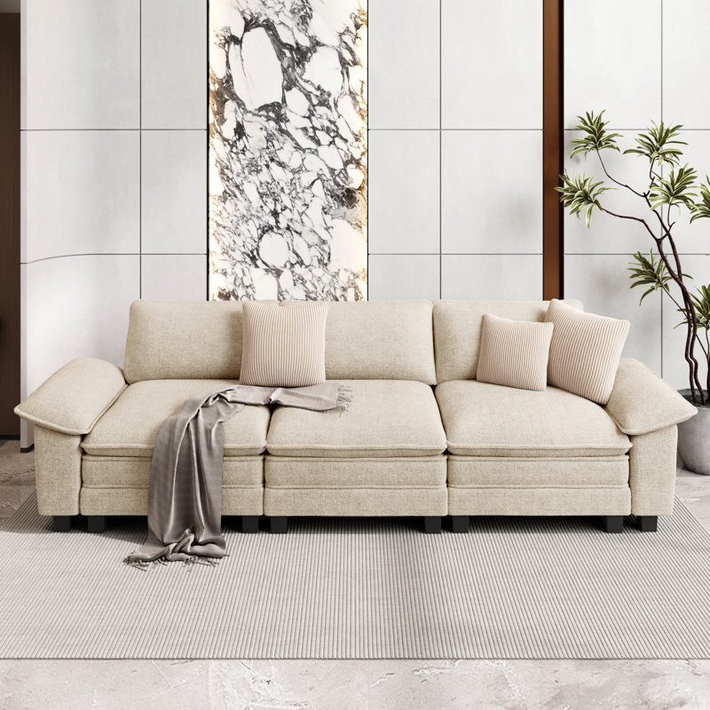 Chenille Chaise End Sofa, 3, Ivory Chenille