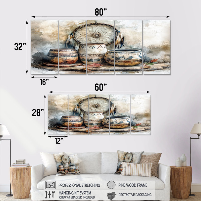 «Native Art Pottery Desert Serenity II», ensemble d'art sur toile Boho Pottery, H 28 po x l 60 po
