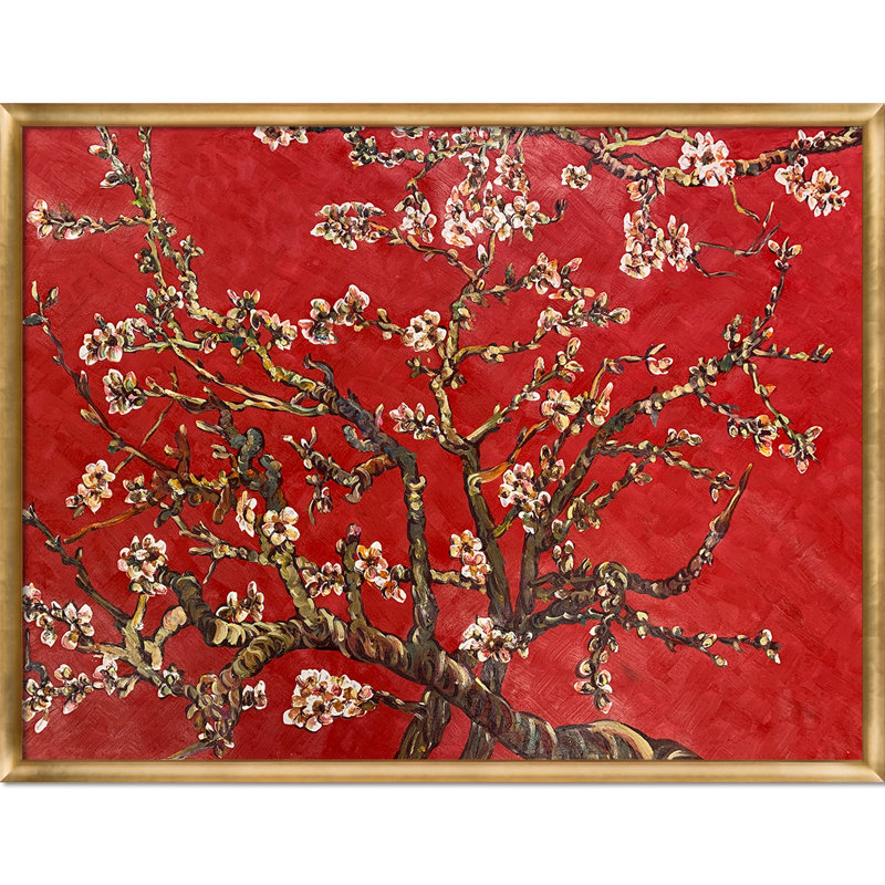Branches d’un amande en fleur par vincent van gogh, peinture encadrée en rouge, H 39 po x l 51 po x P 2 po, Luminoso