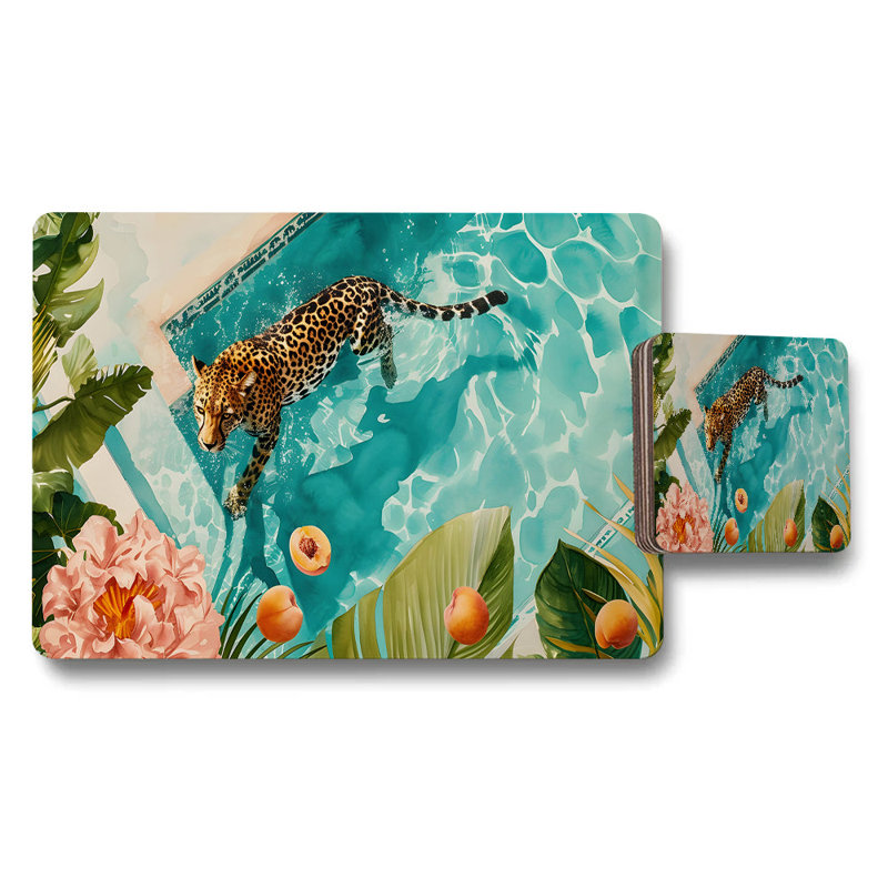 Tropical Leopard Pool Scene Placemat and Coaster Set