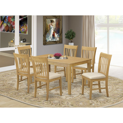Ensemble de table et chaises de cuisine 7 pièces comprenant une table de salle à manger rectangulaire et 6 chaises de salle à manger rembourrées en tissu de lin, 36 x 60 pouces, chêne