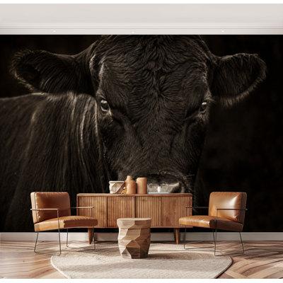 Wall Mural Peel and Stick Wallpaper Black Angus Bull Head Face Closeup Black White Self-Adhesive Removable Contact Paper Wall Decor for Living Room Bedroom 69"H x 96"W