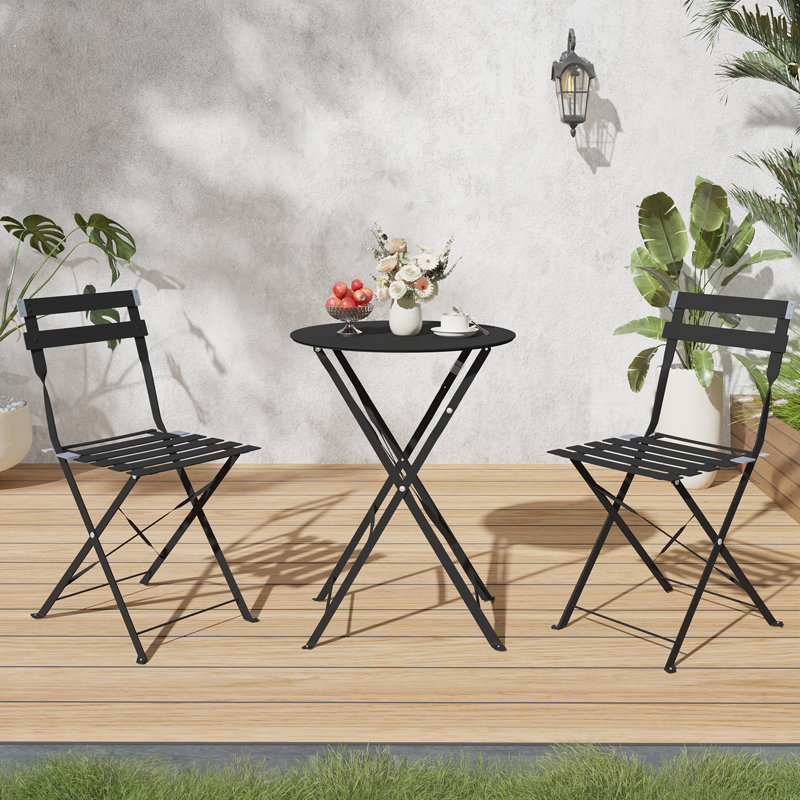 3-Piece Wrought Iron Bistro Set – Folding Cafe Table with 2 Chairs – Anti-Rust, Waterproof Design – Perfect for Small Spaces Indoors and Outdoors, Porch, Lawn, or Balcony, Black