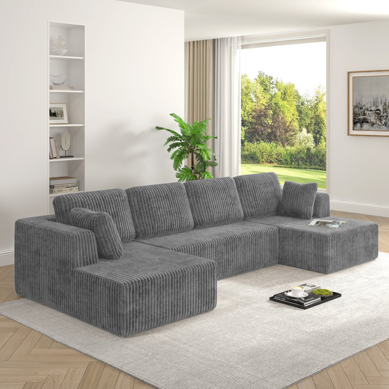 U-shaped modular sectional sofa, corduroy sleeper couch, space-saving minimalist design for living room, grey, Gray Foam