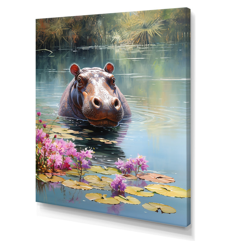 Art mural africain, Hippopotames d'Afrique - Hippopotame, Toile tendue, H 44 po x l 34 po