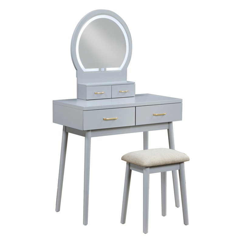 Petit bureau de coiffeuse avec tabouret rembourré avec miroir et lumières 3 couleurs d'éclairage réglables , Grey
