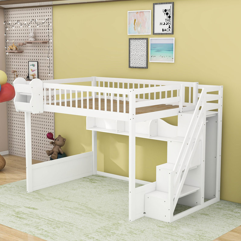 Queen Size Wooden Loft Bed With Integrated Wardrobe, Shelves And Storage Staircase, White