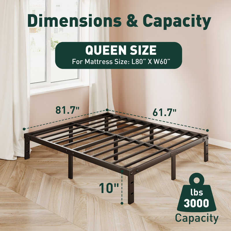 10" Steel Bed Frame Queen Size Heavy-Duty Noise-Free No Boxspring Needed with Rubber Corner Guards, Queen, 10"