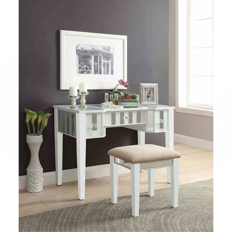 Ensemble de coiffeuse et tabouret avec tiroirs de rangement pour la chambre à coucher, Blanc