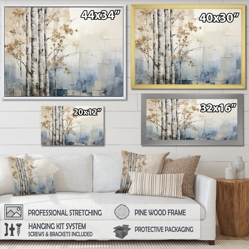 «Blue and White Forest Winter Harmony», impressions encadrées, H 24 po x l 32 po x P 1 po, Toile tendue