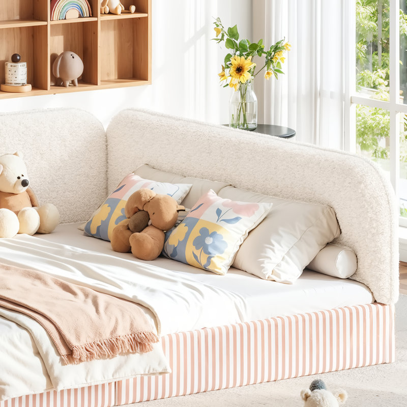Lit pour grand lit rembourré en molleton Montessori, plateforme semi-fermée à profil bas avec garde-corps latéraux, beige