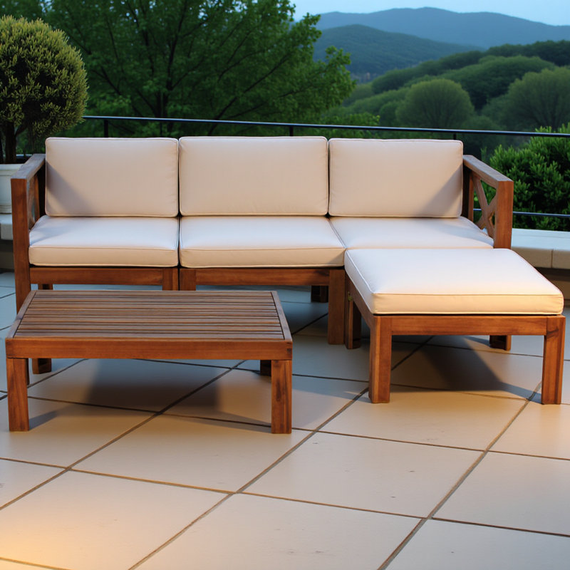Ensemble de conversation modulaire d'extérieur en bois pour patio 5 pièces avec coussins, finition naturelle et coussins beiges