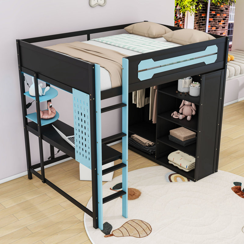 Lit mezzanine avec bureau, garde-robe, lumières RVB et ports USB, Bleu