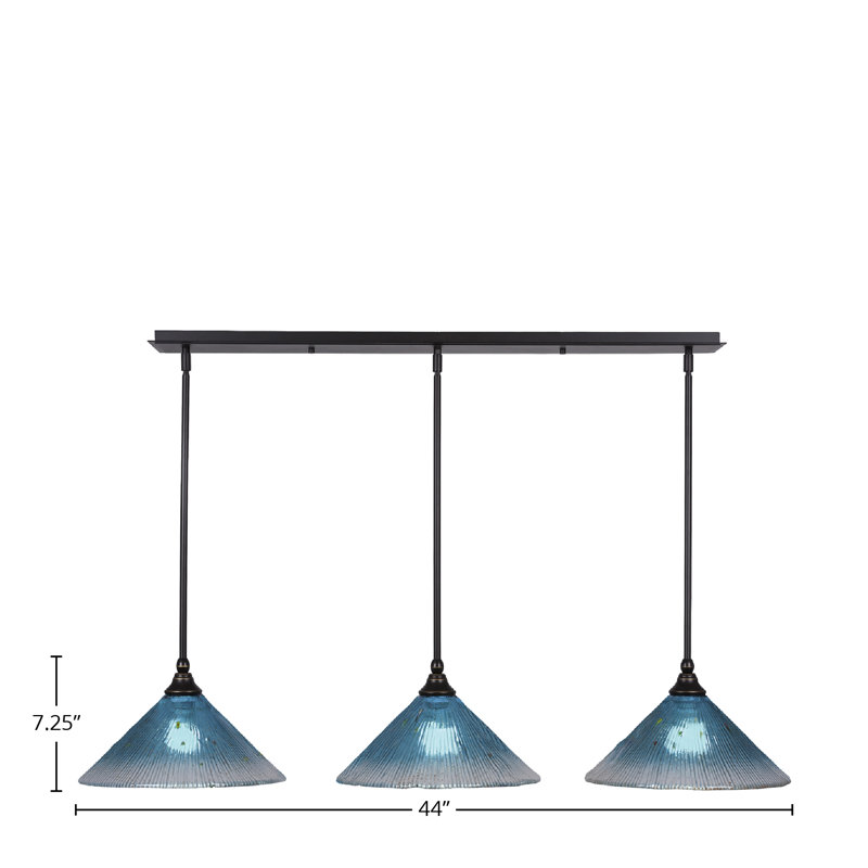 3 Light Stem Hung Linear Pendalier Shown With Crystal Glass, 12", Dark Granite, Teal