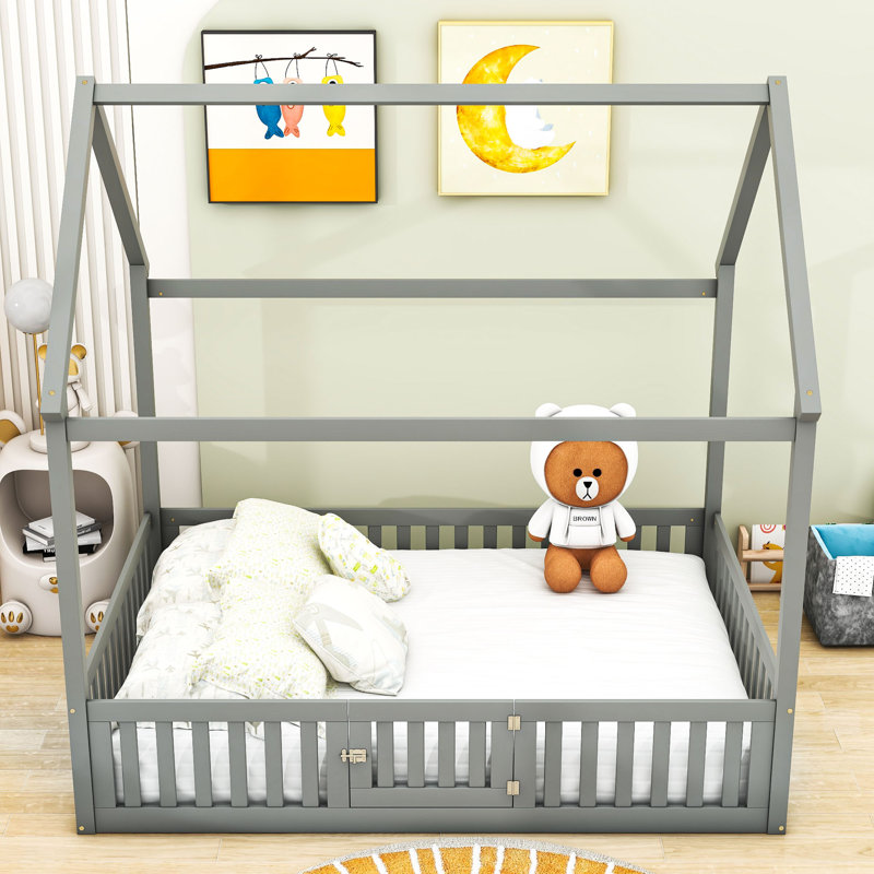  Lit plateforme double en bois, gris