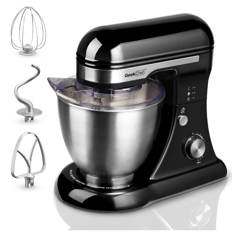Batteur sur socle électrique Geek Chef 4,8 pte à 12 vitesses avec crochet, fouet, batteur et bol, Noir
