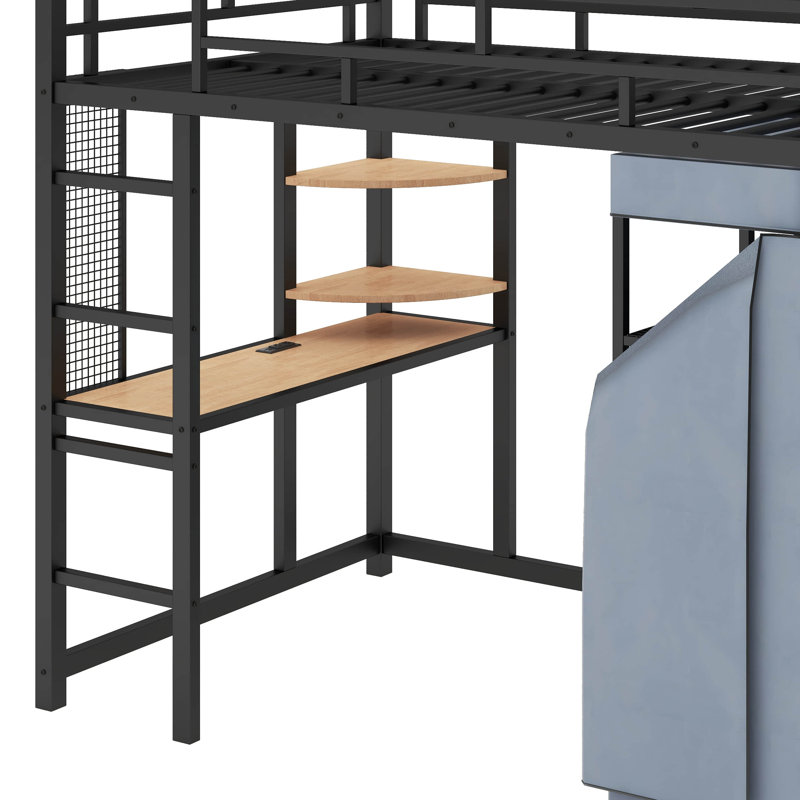 Lit mezzanine en métal avec bureau, tablettes, prise de courant, DEL et garde-robe, Lit simple, Noir, noir, noir, noir