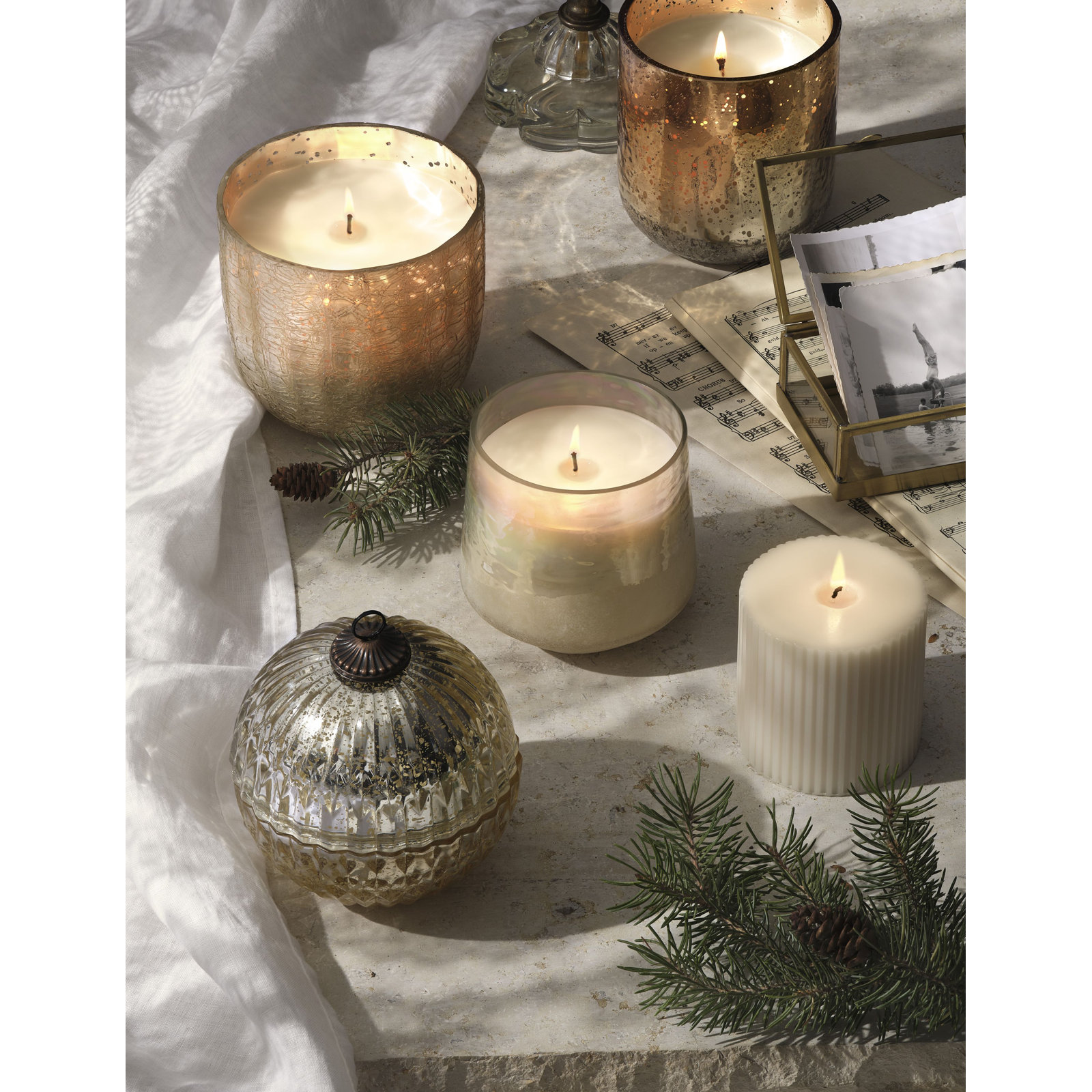 Noble Holiday Winter White Candle, Large Boxed Crackle Glass