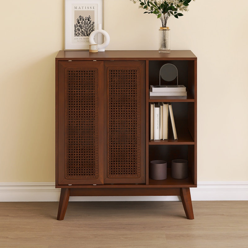 Modern Rattan Sideboard With Adjustable Shelves, Walnut