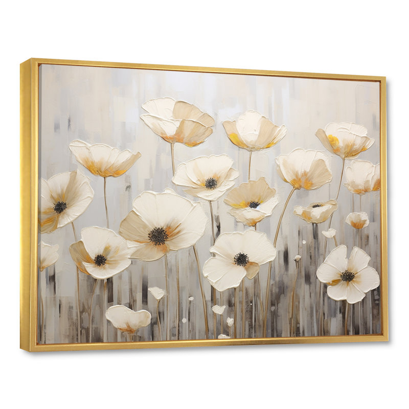 Buttercups Fields On Gray sur toile, H 12 po x l 20 po x P 1 po, Cadre flottant doré