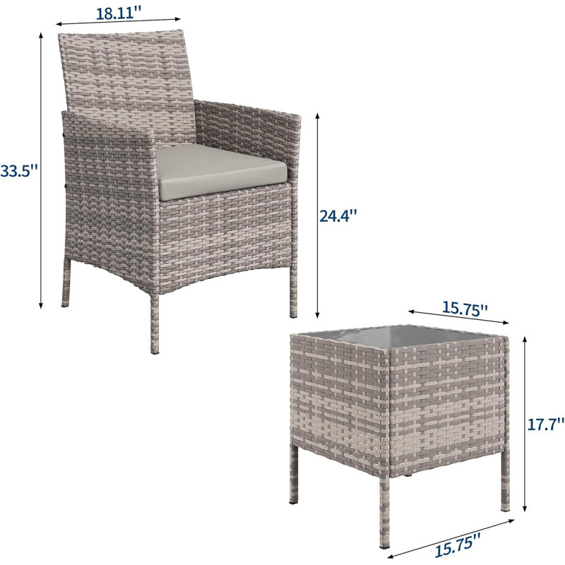 3 Piece Patio Bistro Set, Outdoor PE Rattan Wicker Furniture Set with 2 Chairs and Glass Top Coffee Table, Small Porch Furniture Conversation Set with Cushions for Balcony, Yard, Garden