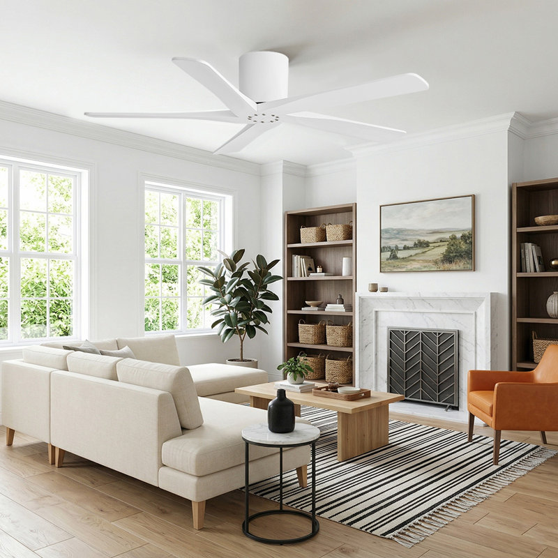 48'' Flush Mount Ceiling Fan 6-Speed 5 Carved Wood Blades Reversible DC Motor Low Profile, satin white finish , 48" W, White