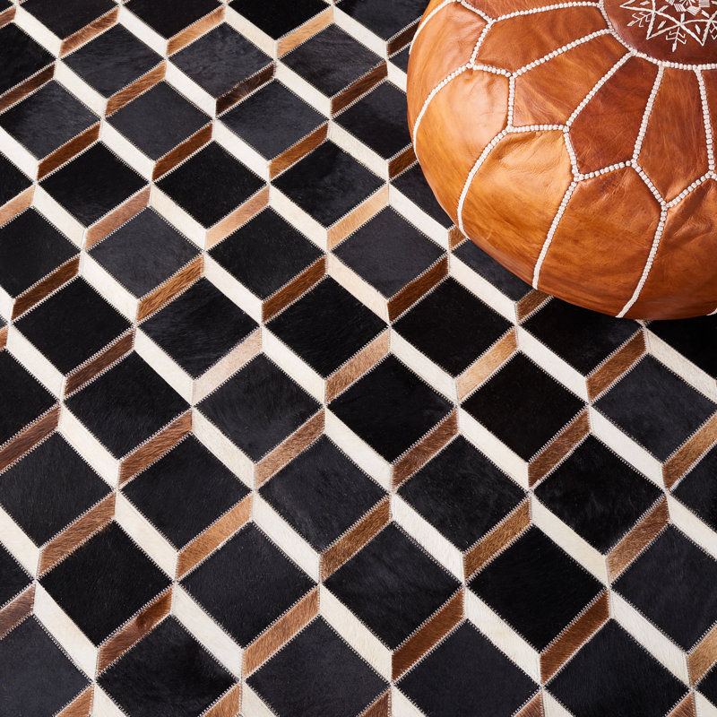 Studio Leather Hand Woven Wool/Leather/Non Woven Felt Geometric Rug in Black/Brown, Rectangle 3' x 5'