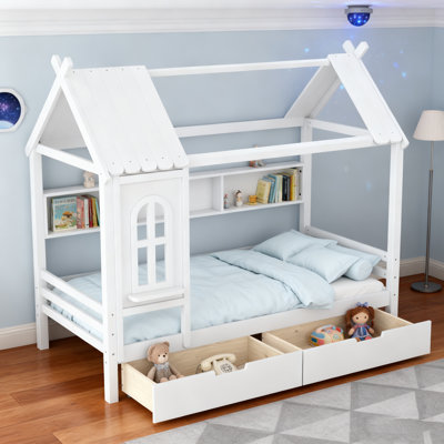 Wood House Beds With Storage Drawers And Window, Solid Wood House Platform Bed Frame With Shelves