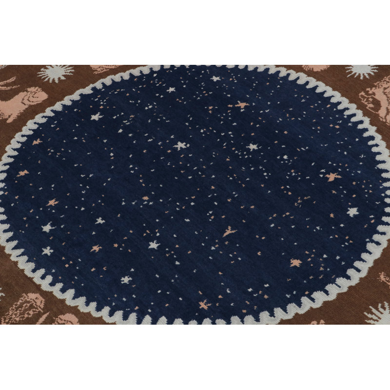 Rug & Kilim’S French Deco Circle Rug In Blue, Beige-Brown Zodiac Pictorial, Rectangle 5' x 7'
