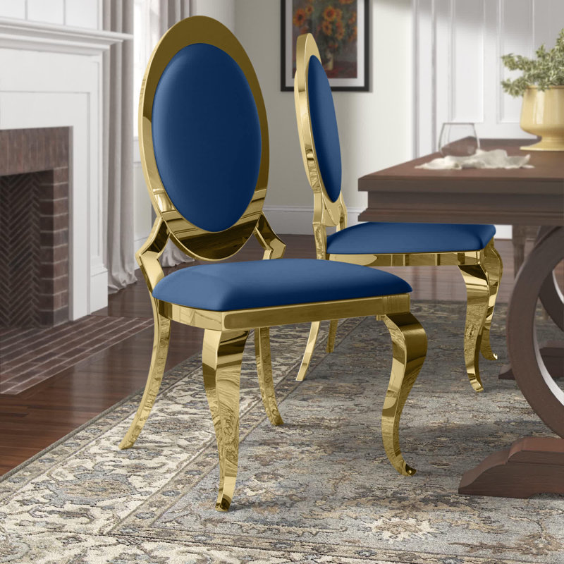 Amity Upholstered King Louis Back Side Chair with Stainless Steel Frame, Gold, Navy Blue