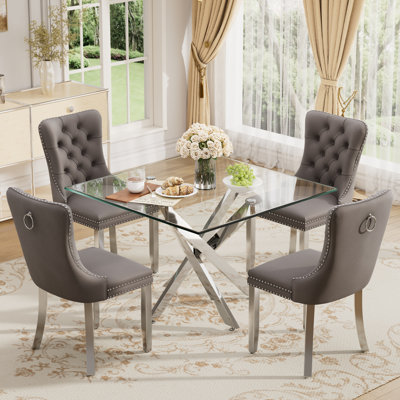Square Pedestal Dining Set with Tufted Dining Chair