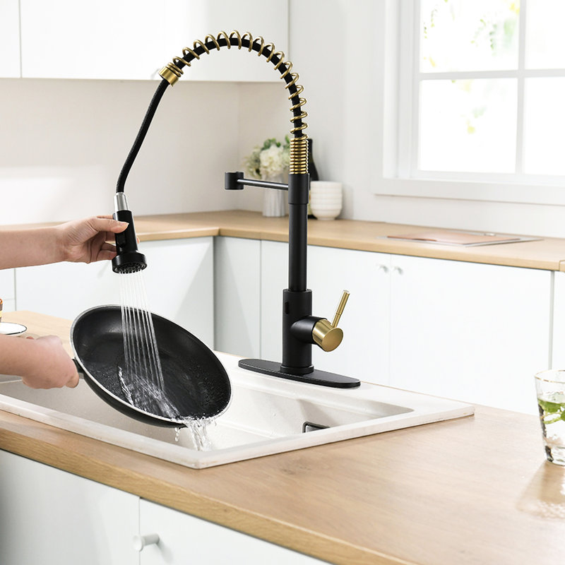Robinet de cuisine automatique automatique - sans contact, à mains, noir et or, design contemporain, acier inoxydable, robinet en céramique avec robinet rétractable sans contact et contemporain