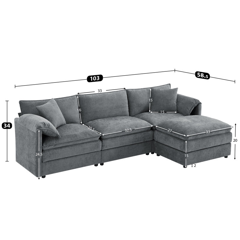 Canapé modulaire en chenille de 103 po avec siège large et large, ensemble de canapé en forme de L avec coussins doubles, canapé à 4 places avec repose-pieds mobile, mobilier d'intérieur surdimensionné