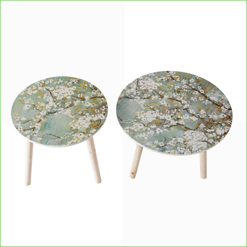 2-Piece Nature-Inspired MDF Coffee Table Set with Painted Cherry Blossom Tops for Living Room, Foyer and Bedroom