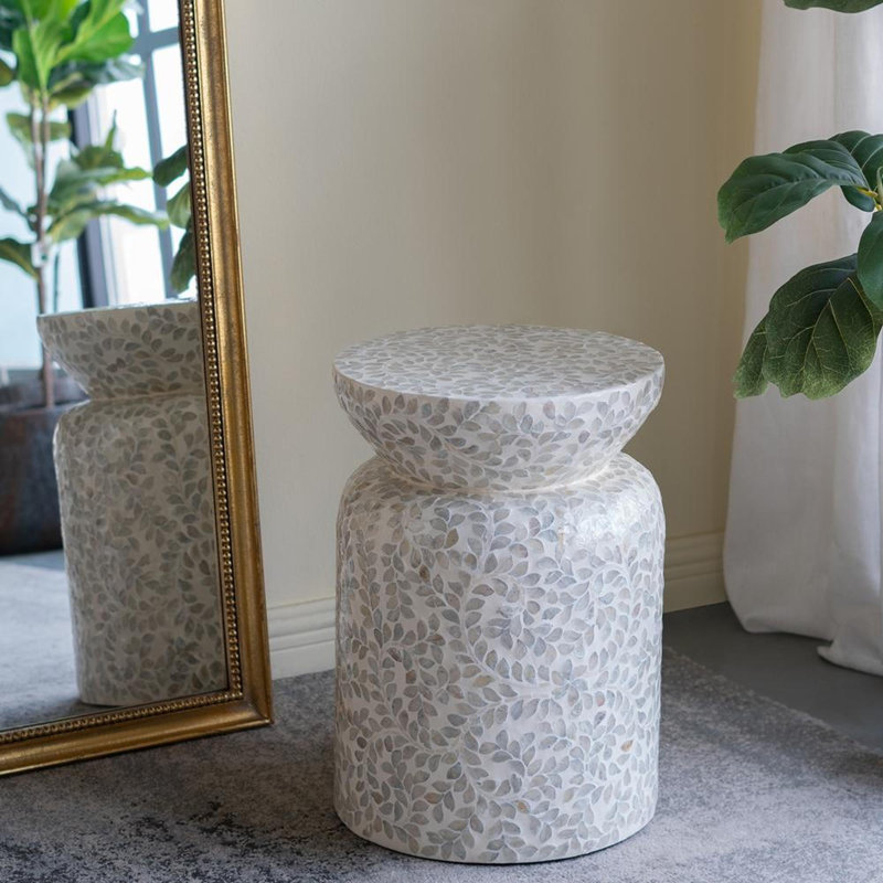 14x14x20" Round Bamboo Accent Table with White Capiz Shell Design
