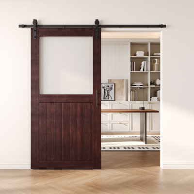 Porte de grange non assemblée et fini en verre avec verre d'acajou 32 po x 80 po Homacer Red Homacer