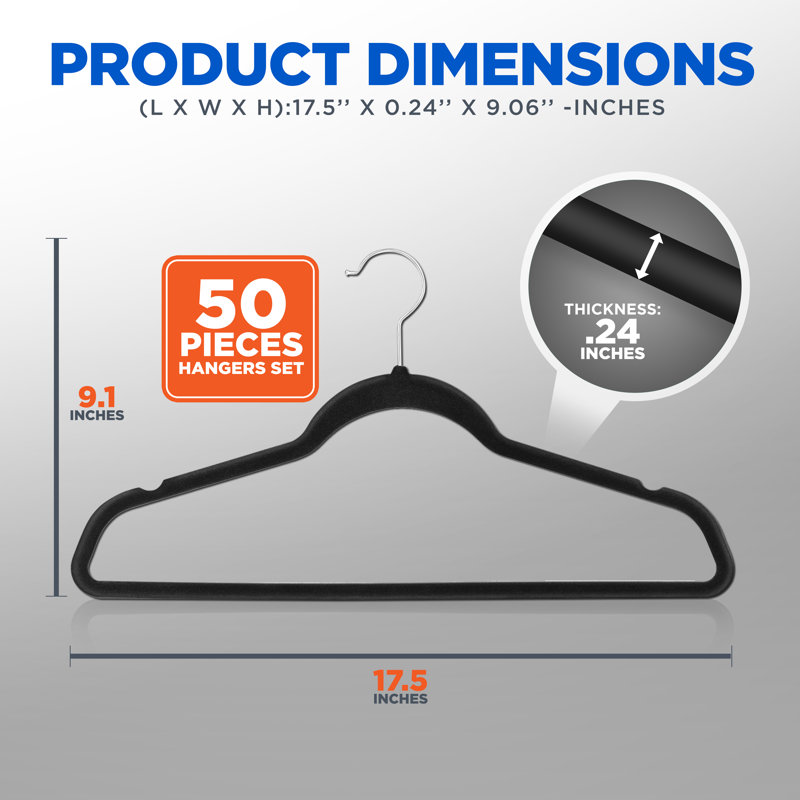 Black Velvet Non-Slip Heavy Duty Hangers with Metal Hooks, 50-Pack