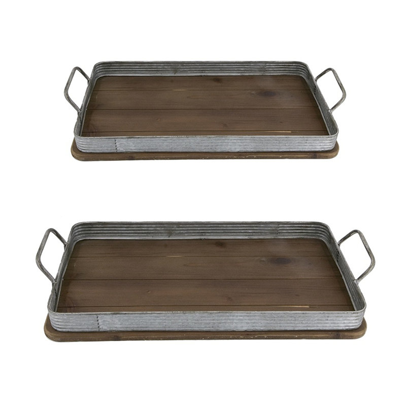 Plateau décoratif 26 po x 12,5 po x 4 po en bois de style industriel rustique brun