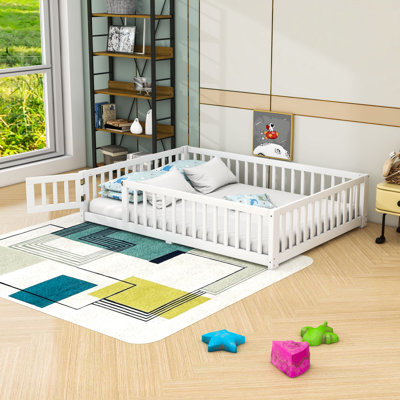 Wooden Bed With Slats And Safety Guardrails